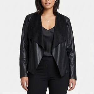 bagatelle Black Vegan Leather Draped Jacket with Textured Collar